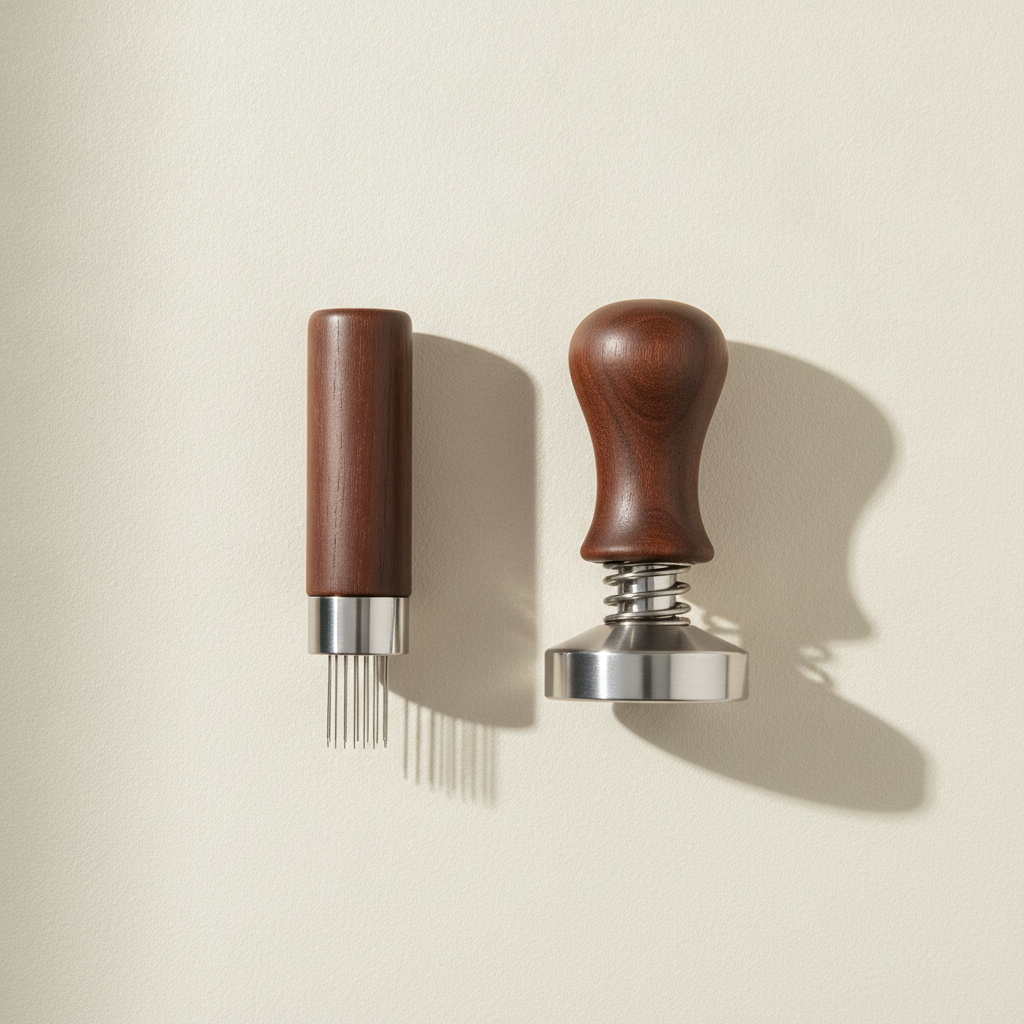 PLACEHOLDER — AI-generated flat-lay of a WDT tool and tamper together, not the final sample photo