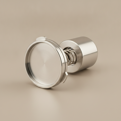 Calibrated 51mm espresso tamper, close view of the spring-loaded mechanism
