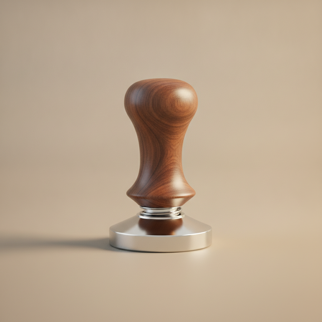 Calibrated 51mm espresso tamper with a stainless base and turned wood handle